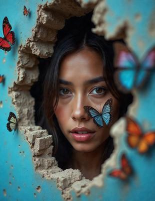 The primary subject of the image is a woman with butterfly tattoos on her face. She is peeking out from behind a brick wall, which serves as the setting and background of the scene. The visual style of the image is a combination of photo and digital art, creating a unique and artistic representation of the woman. The colors and mood of the image are predominantly blue and vibrant, with the butterfly tattoos adding a touch of whimsy and creativity to the overall atmosphere.
